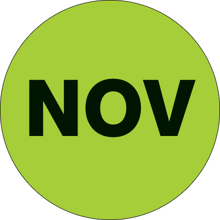 1" Circle - "NOV" (Fluorescent Green) Months of the Year Labels