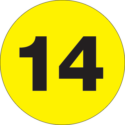 2" Circle - "14" (Fluorescent Yellow) Number Labels